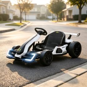 White 24V Electric Drift Go Kart, 7.5 MPH Max Speed.  Adjustable Seat for Growing Kids. Slow Start for Smooth & Safe Rides.
