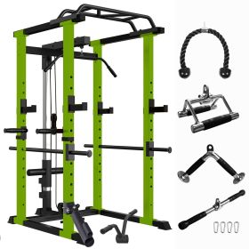 Green Multi-functional Power Cage.  Adjustable Pullup Squat Rack. 1000Lbs Capacity. Comprehensive Fitness Barbell Rack.
