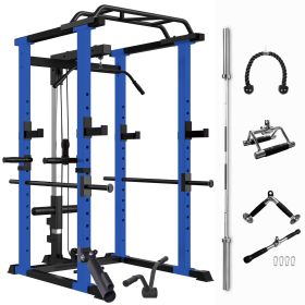 Blue Multi-functional Power Cage.  Adjustable Pullup Squat Rack. 1000Lbs Capacity. Comprehensive Fitness Barbell Rack & Olympic Bar.