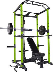 100lb Green Multi-functional Power Cage.  Adjustable Pullup Squat Rack. 1000Lbs Capacity. Comprehensive Fitness Barbell Rack.