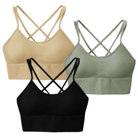 3Packs Women Cross Back Sport Bras Padded Strappy Medium Support Bras Sexy Fitness Tank Tops with Removable Pads for Gym Yoga Workout Running (Option: BraGNBKBGEL)