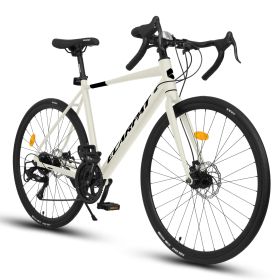 A28320RL 700C Road Bike, 16-Speed Outdoor Bike Disc Brakes, Light Weight Aluminum Frame, Racing Bike City Commuting Road Bicycle L Size for Men Women (Color: Cream L size)