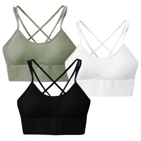 3Packs Women Cross Back Sport Bras Padded Strappy Medium Support Bras Sexy Fitness Tank Tops with Removable Pads for Gym Yoga Workout Running (Option: BraGNBKWHS)